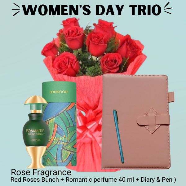 Women's Day Trio ( Red Roses Bunch, Romantic Perfume 40 ml, Diary and Pen ) - Flowers to Nepal - FTN