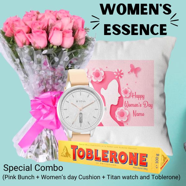Women's Essence ( Pink Roses Bunch, Women's Day Cushion, Titan Watch and Toblerone 100g ) - Flowers to Nepal - FTN
