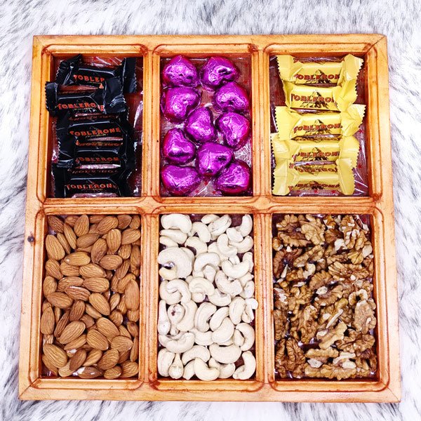 Wooden Tray Full Of Dry Nuts & Chocolates - Flowers to Nepal - FTN