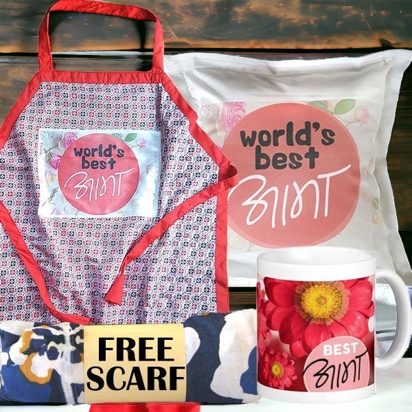 World's Best Aama Apron, Mug, Cushion and Free Scarf Mother's Day Combo - Flowers to Nepal - FTN